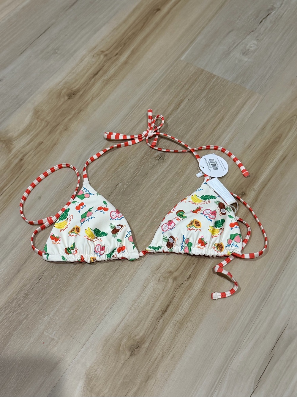 Tropical Print Triangle Bikini Top - Cream with Red Trim